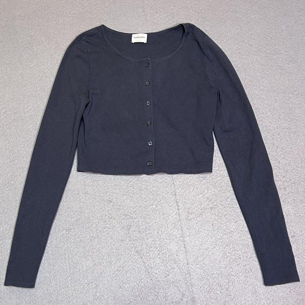 Sunday Best Cardigan Sweater Womens Small Blue Scoop Neck Button Cropped Knit
